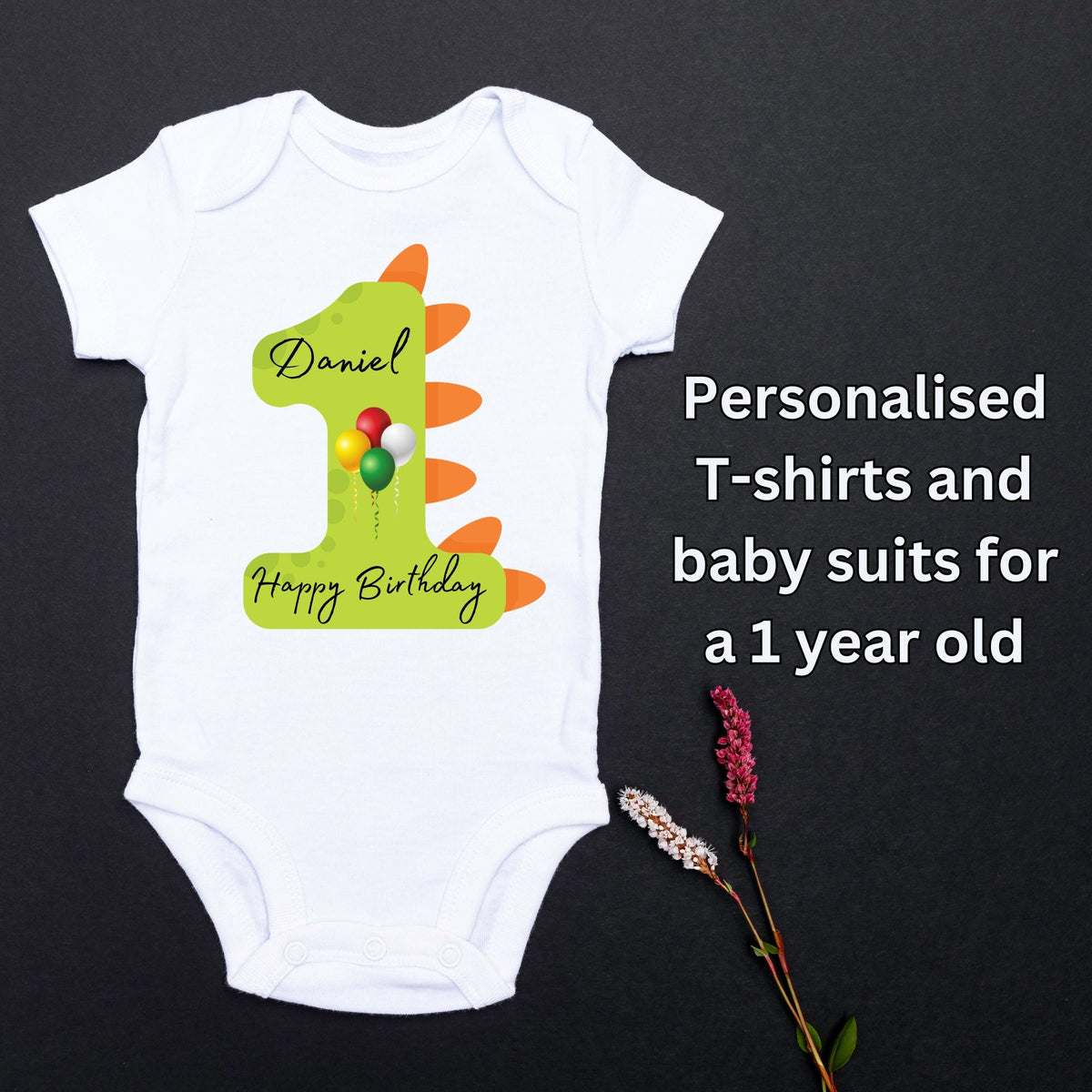 Personalised 1st Birthday Dino Balloons T Shirt