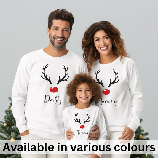 Personalised Family Name Reindeer Face Christmas Sweatshirts
