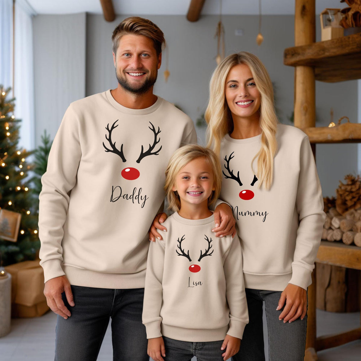 Personalised Family Name Reindeer Face Christmas Sweatshirts