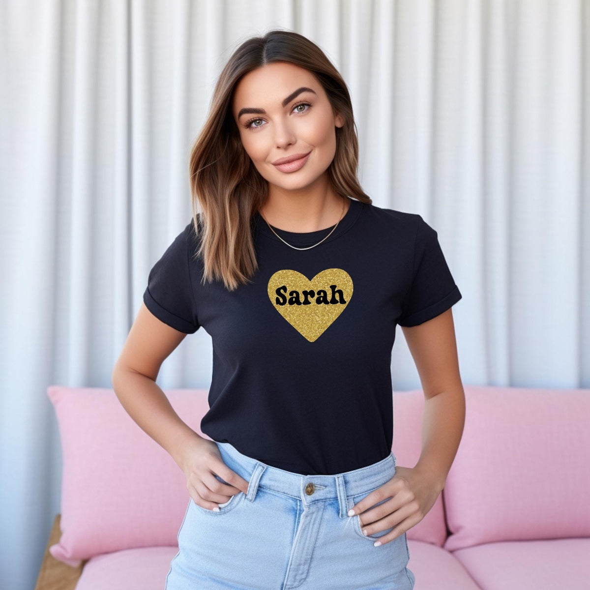 Personalised Glitter Heart Pink T Shirt, Valentines Day Heart Shirts for Women, Gold Glitter Heart Shirt, Funny Shirt, Valentine's Day Gift