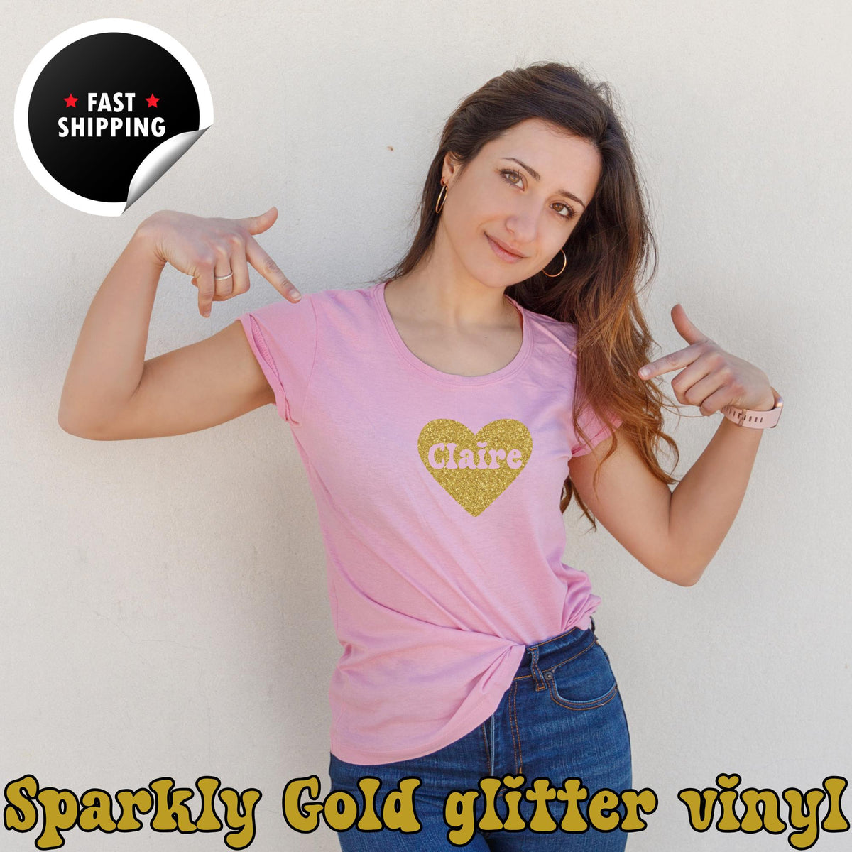 Personalised Glitter Heart Pink T Shirt, Valentines Day Heart Shirts for Women, Gold Glitter Heart Shirt, Funny Shirt, Valentine's Day Gift
