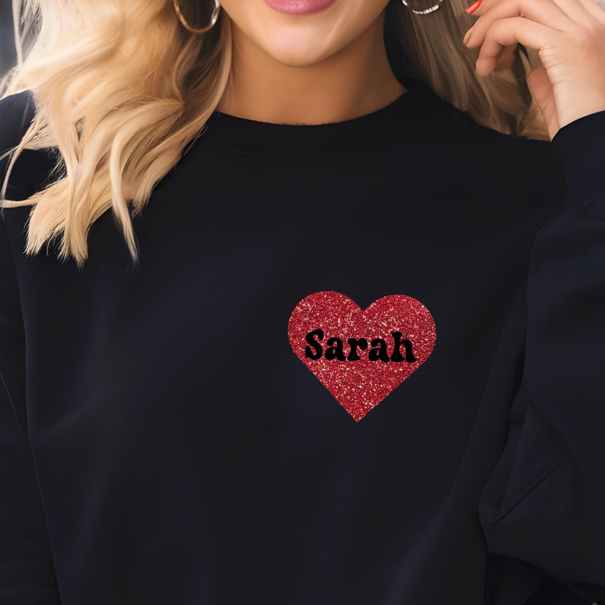 Personalised Red Glitter Heart Pocket Sweatshirt, Pocket Heart Crewneck Sweatshirt, Custom Name Valentine Sweater, Heart Sweatshirt Gift